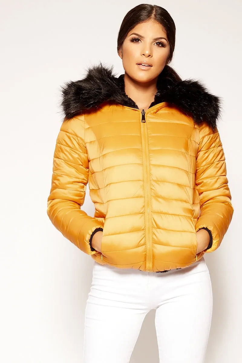 Michi - Mustard Padded Faux Fur Hood Reversible Jacket