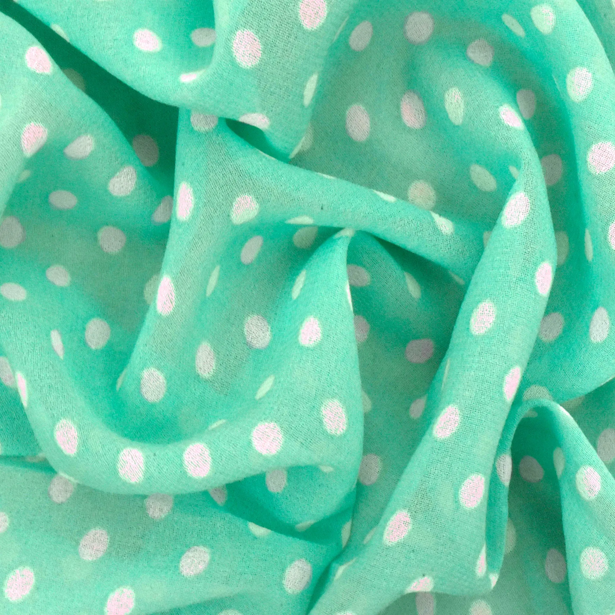 Mint Teal-White Polka Dot Printed Poly Chiffon Woven Fabric