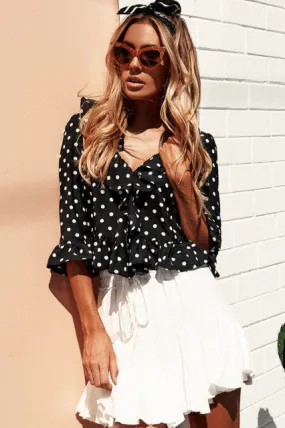 MisShow White Chiffon Women Blouse V Neck Sexy Tops Femme Wave Butterfly Sleeve Slim Tops Polka Dot Ruffle Women's Blouse Shirt