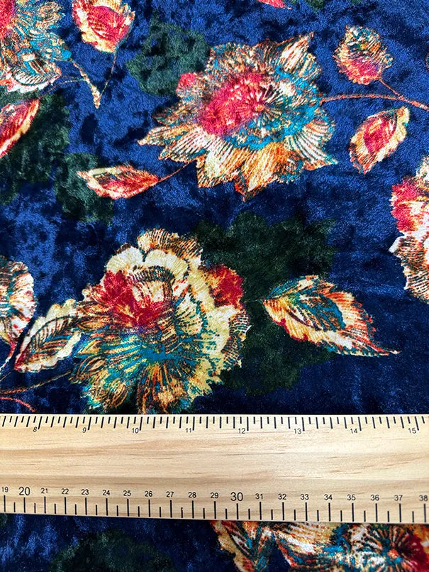 Navy Blue Floral Crushed Velvet Knit Fabric