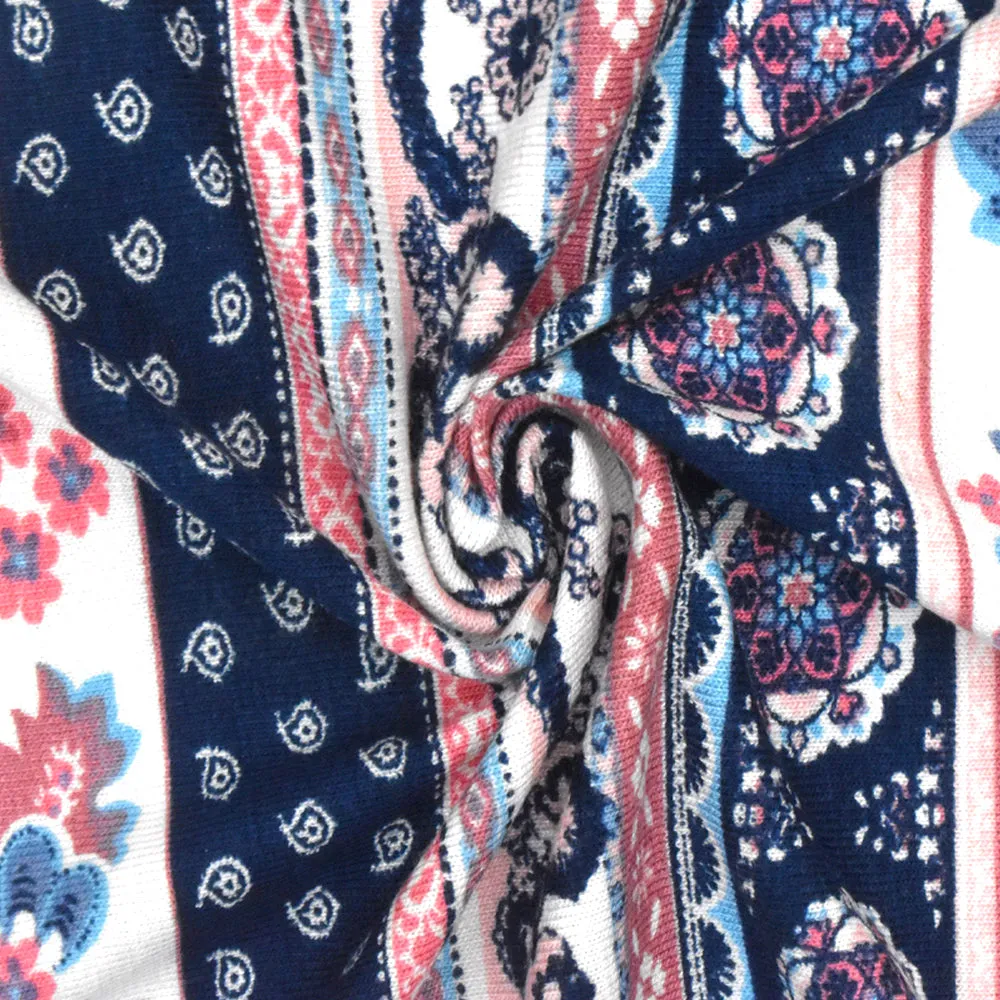 Navy Blue-White-Multi Moroccan Stripe Printed Rayon Stretch Jersey Knit Fabric