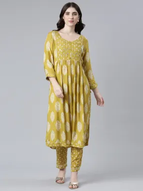 Neeru's Green Pleated Straight Printed Kurta And Trousers