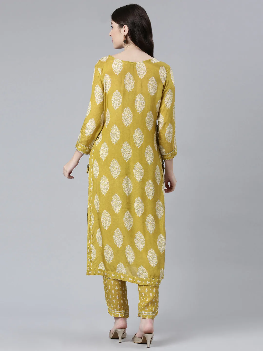 Neeru's Green Pleated Straight Printed Kurta And Trousers