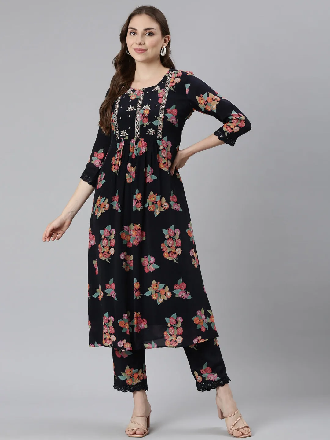 Neerus Navy Blue Pleated Curved Printed Kurta and Trousers