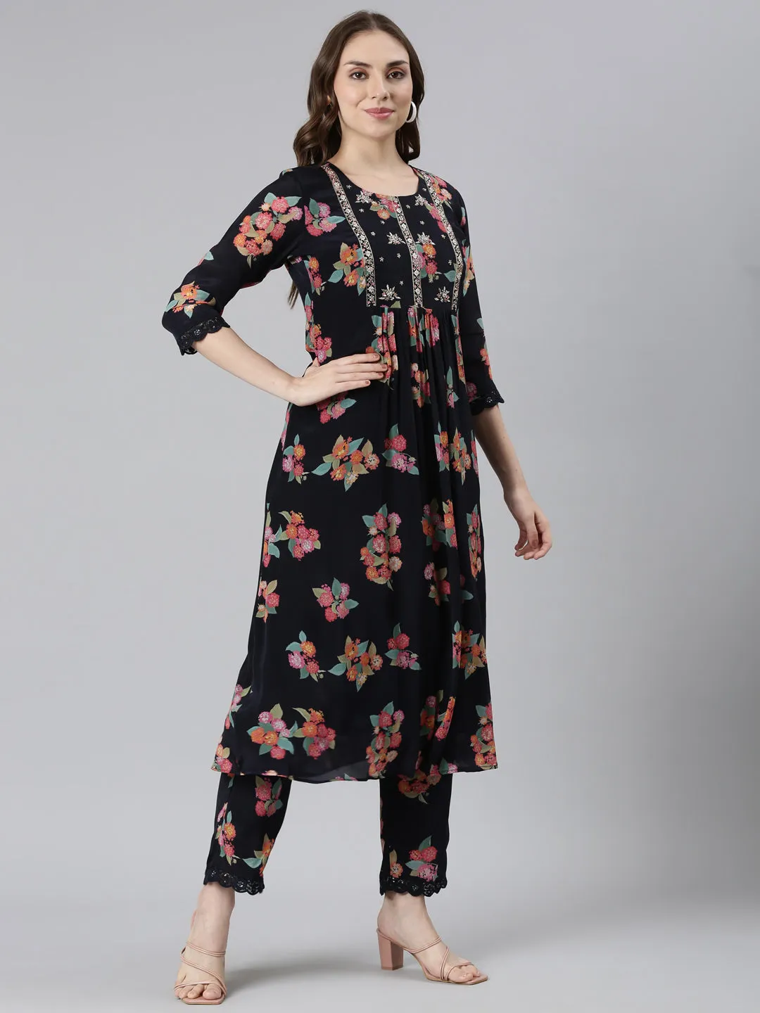 Neerus Navy Blue Pleated Curved Printed Kurta and Trousers