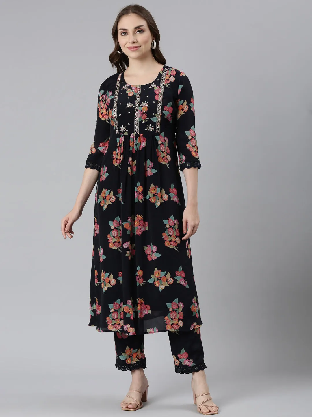 Neerus Navy Blue Pleated Curved Printed Kurta and Trousers