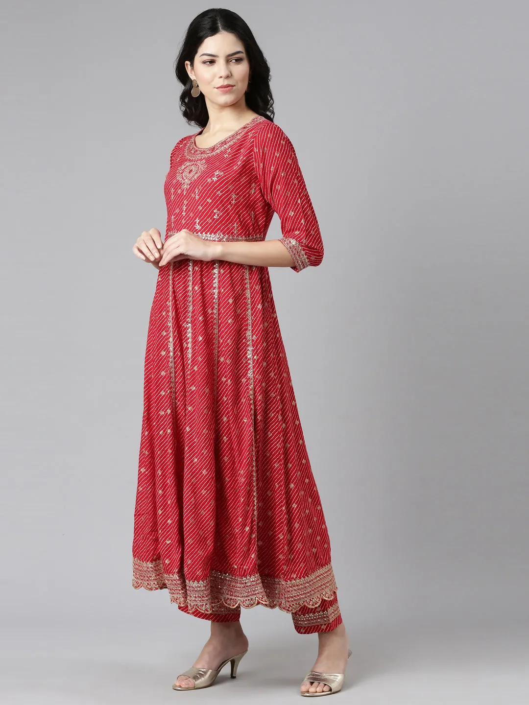 Neeru's Red Pleated Straight Embroidered Kurta And Trousers With Dupatta