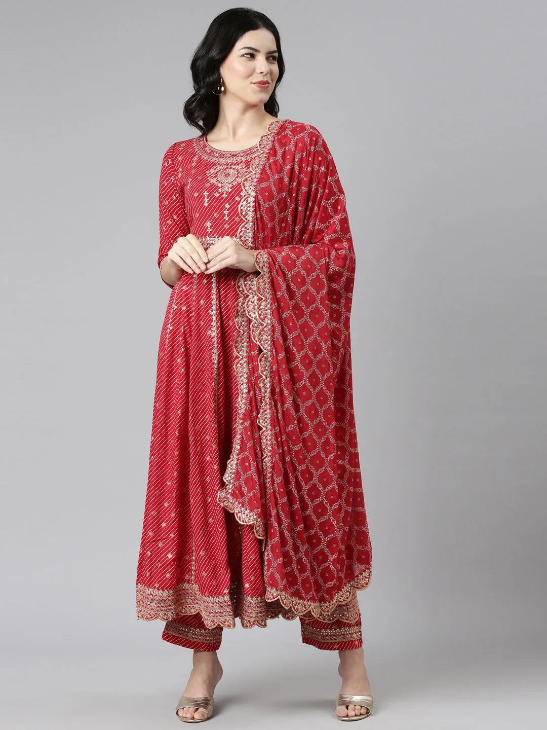 Neeru's Red Pleated Straight Embroidered Kurta And Trousers With Dupatta