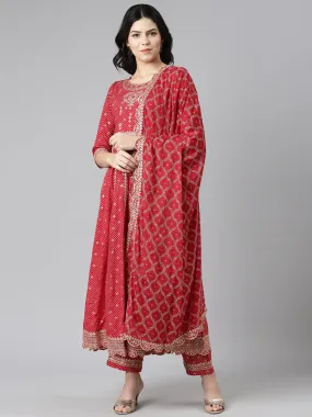 Neeru's Red Pleated Straight Embroidered Kurta And Trousers With Dupatta