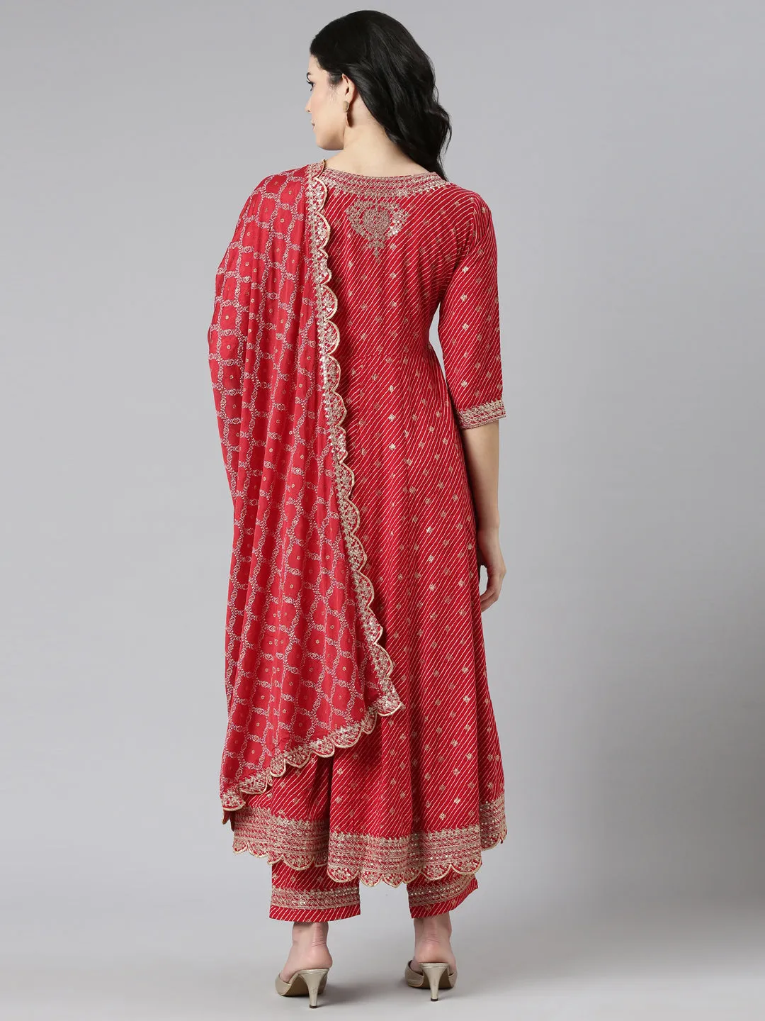 Neeru's Red Pleated Straight Embroidered Kurta And Trousers With Dupatta