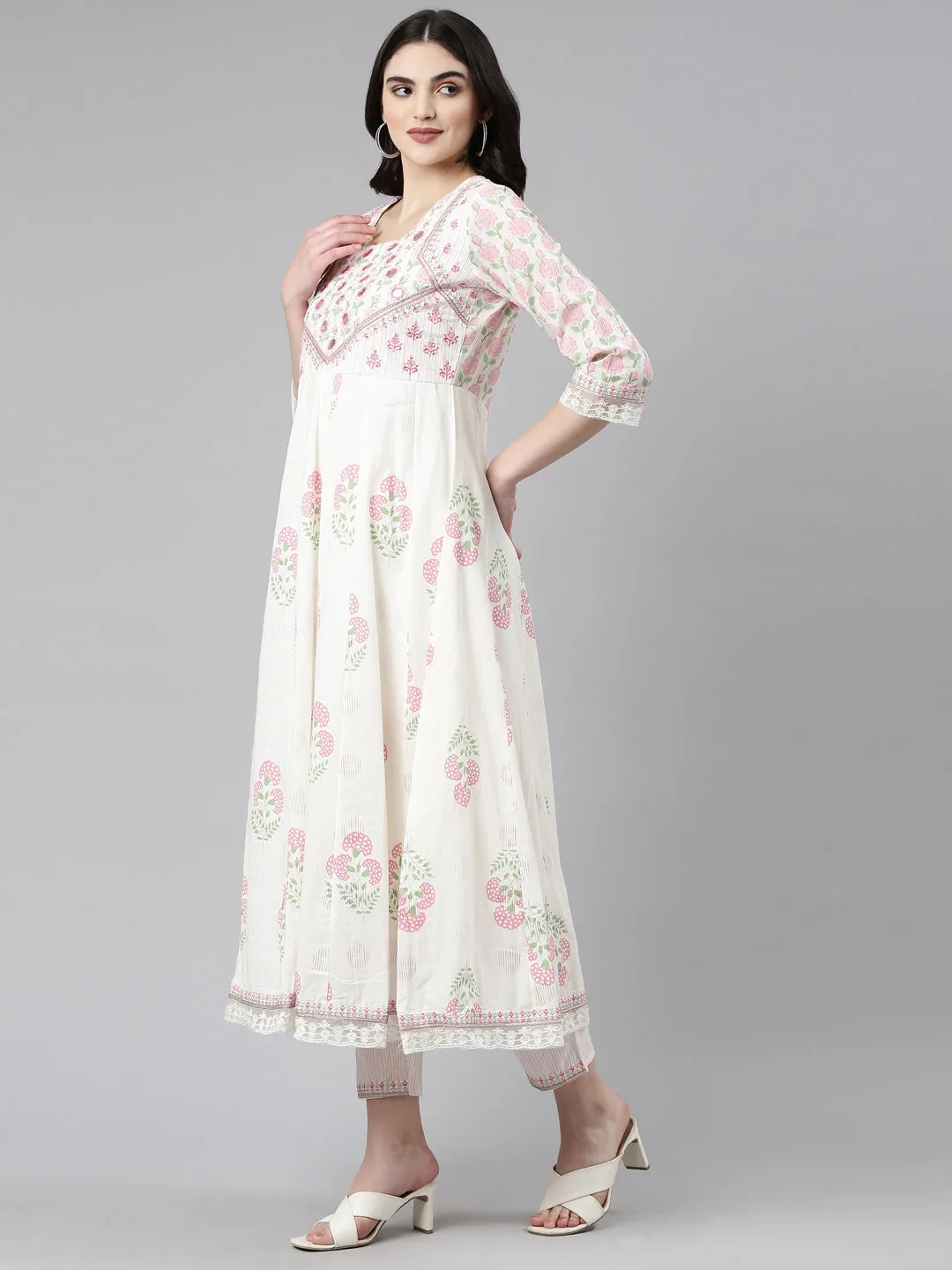 Neeru's White Pleated Anarkali Printed Kurta And Trousers With Dupatta