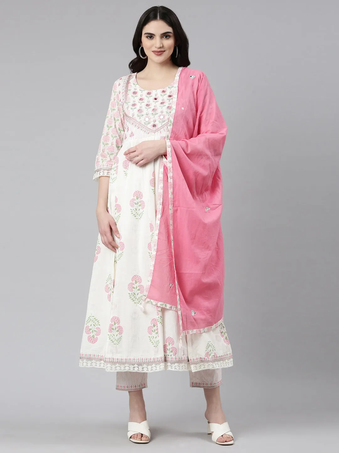 Neeru's White Pleated Anarkali Printed Kurta And Trousers With Dupatta