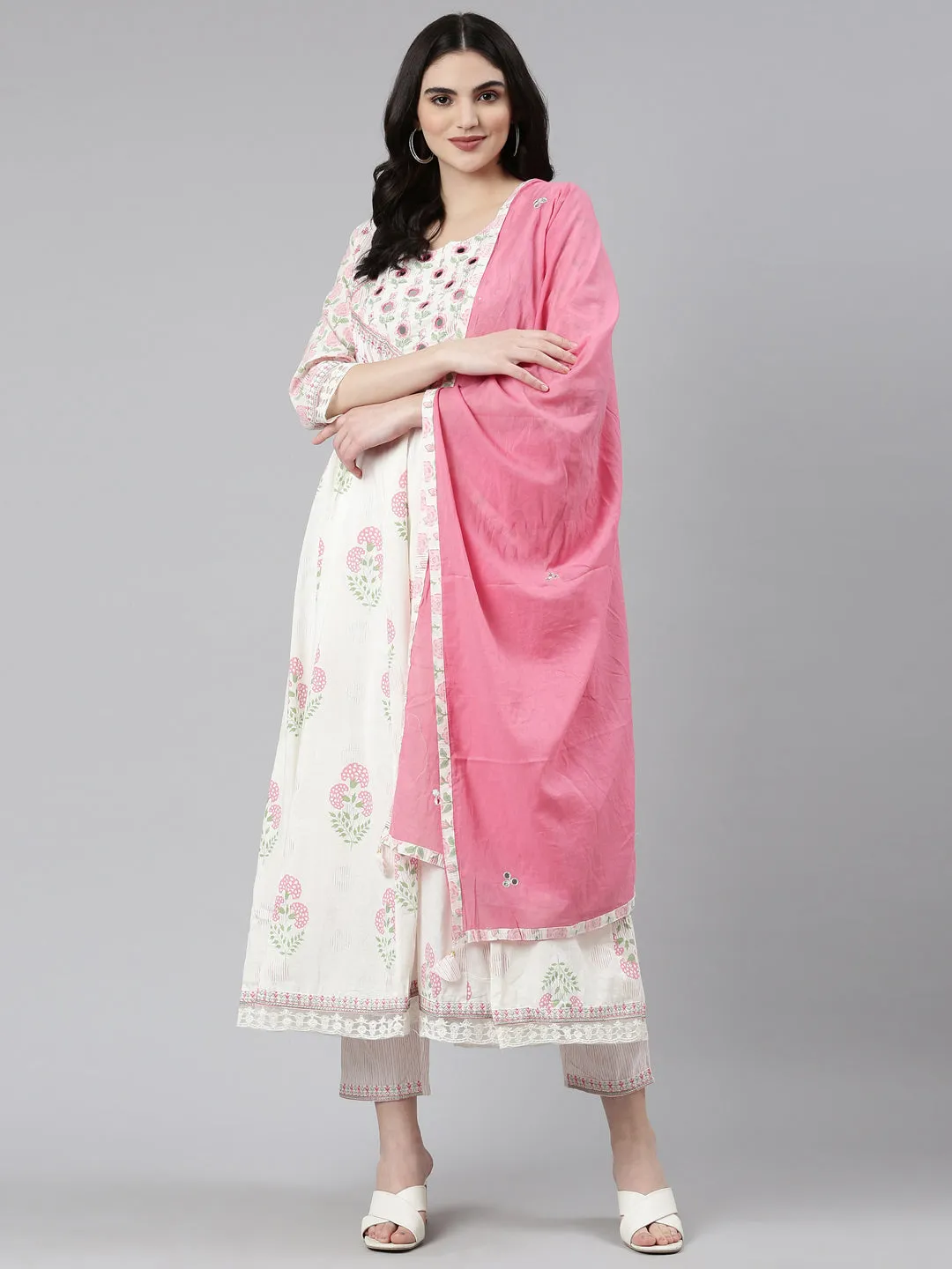 Neeru's White Pleated Anarkali Printed Kurta And Trousers With Dupatta