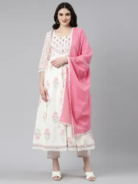 Neeru's White Pleated Anarkali Printed Kurta And Trousers With Dupatta