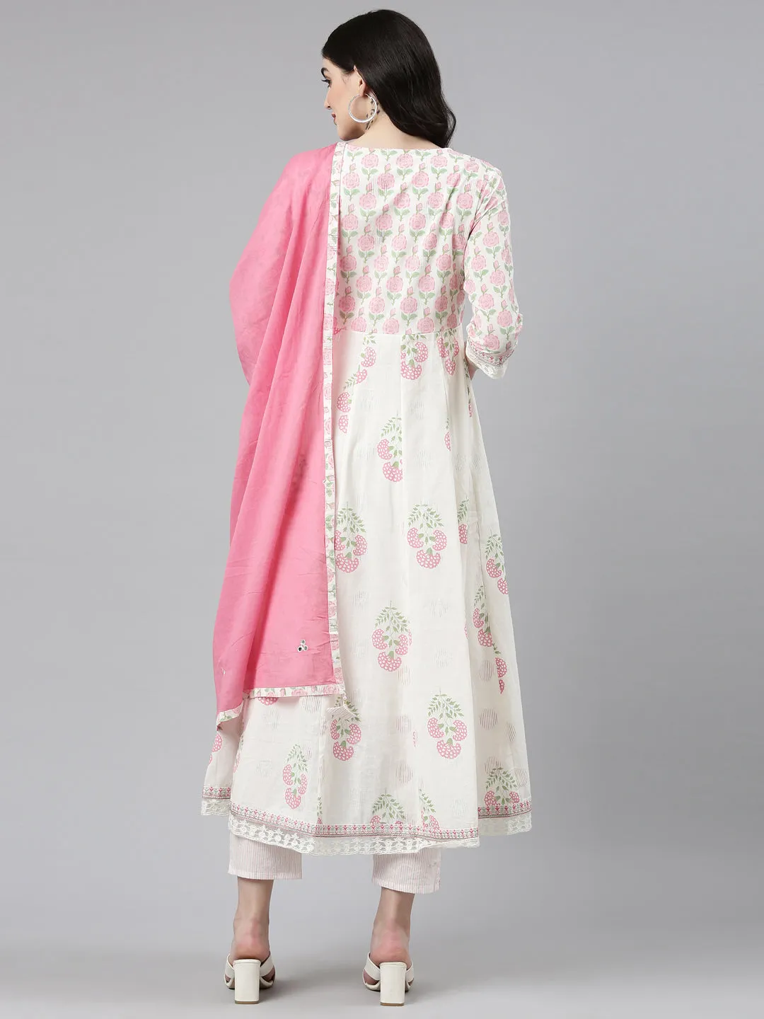 Neeru's White Pleated Anarkali Printed Kurta And Trousers With Dupatta