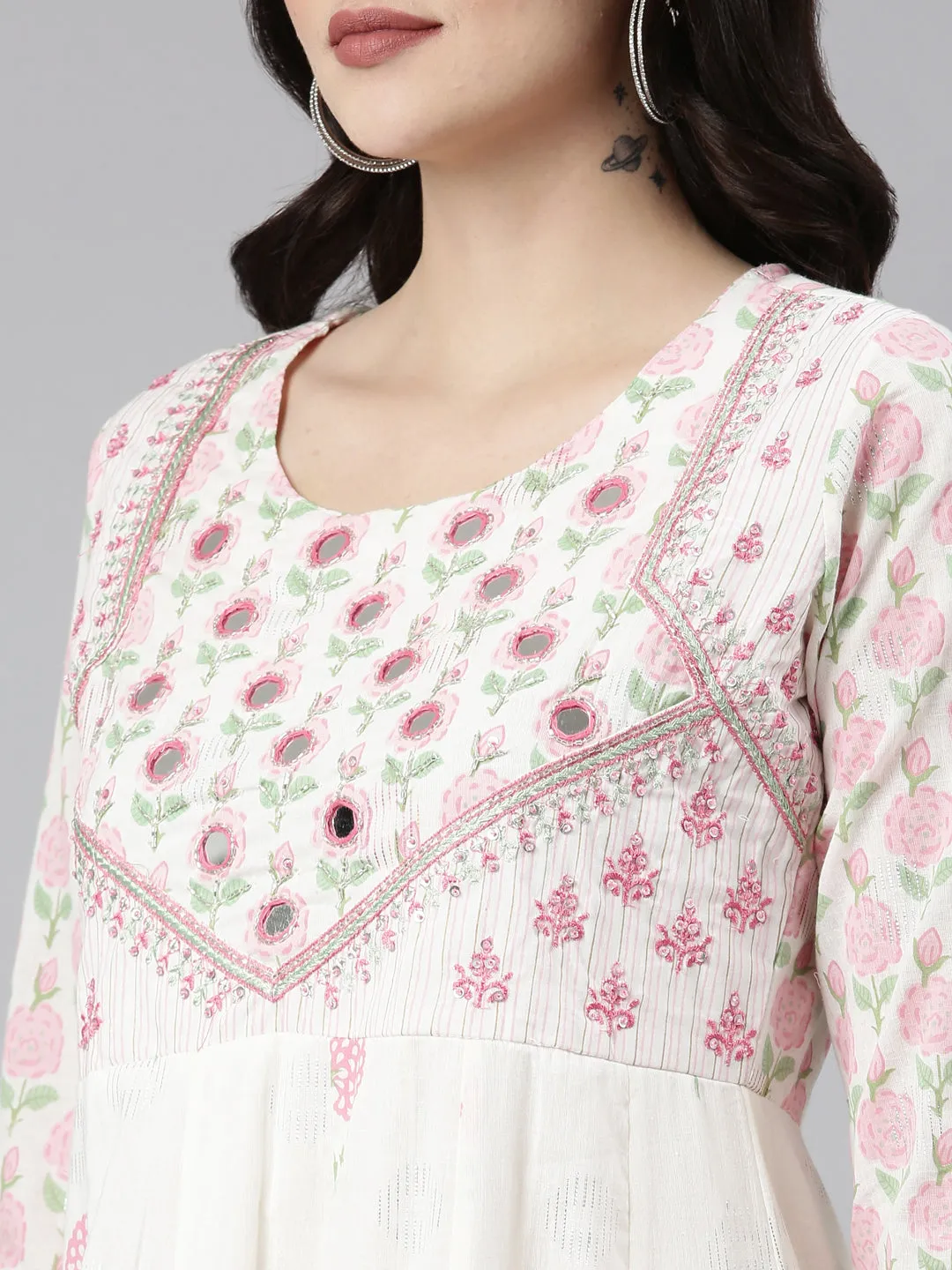 Neeru's White Pleated Anarkali Printed Kurta And Trousers With Dupatta