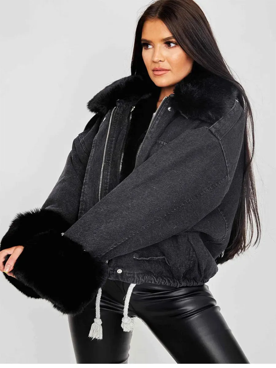 Nella Oversized Faux Fur Lined Denim Jacket In Black