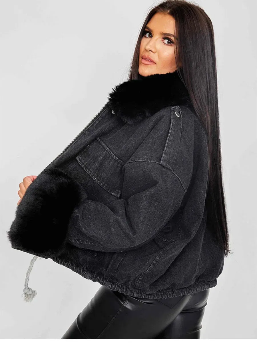 Nella Oversized Faux Fur Lined Denim Jacket In Black