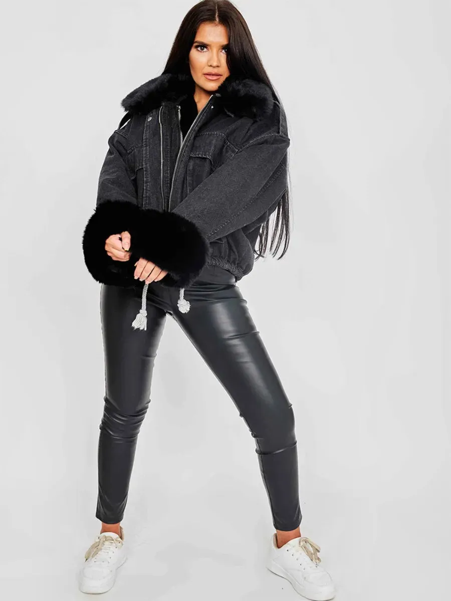 Nella Oversized Faux Fur Lined Denim Jacket In Black