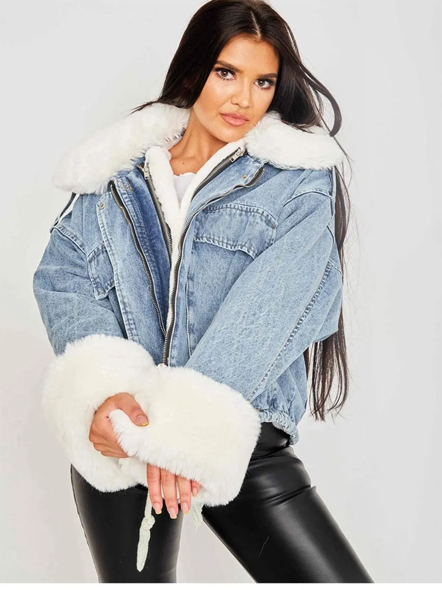 Nella Oversized Faux Fur Lined Denim Jacket In Blue