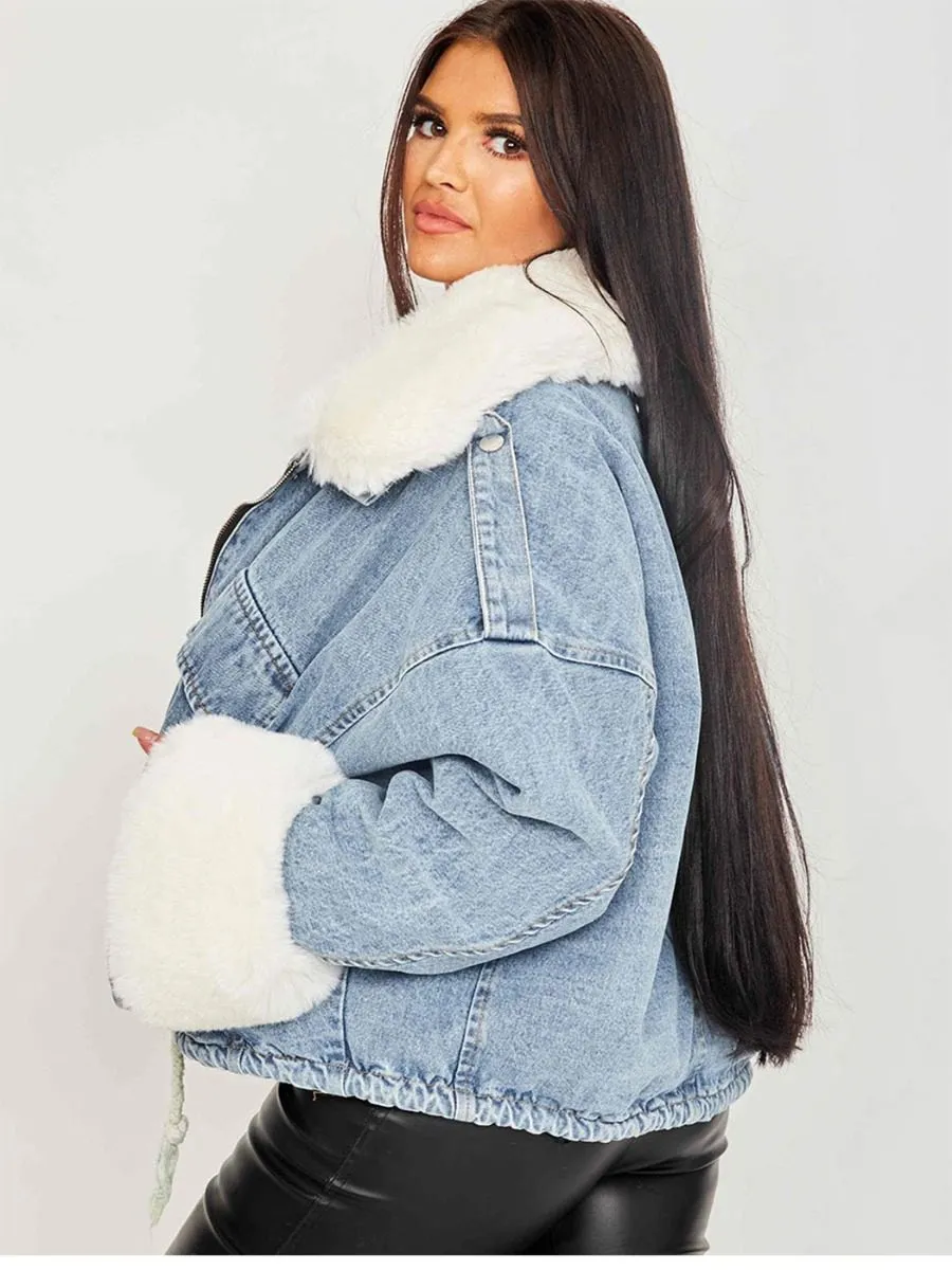 Nella Oversized Faux Fur Lined Denim Jacket In Blue