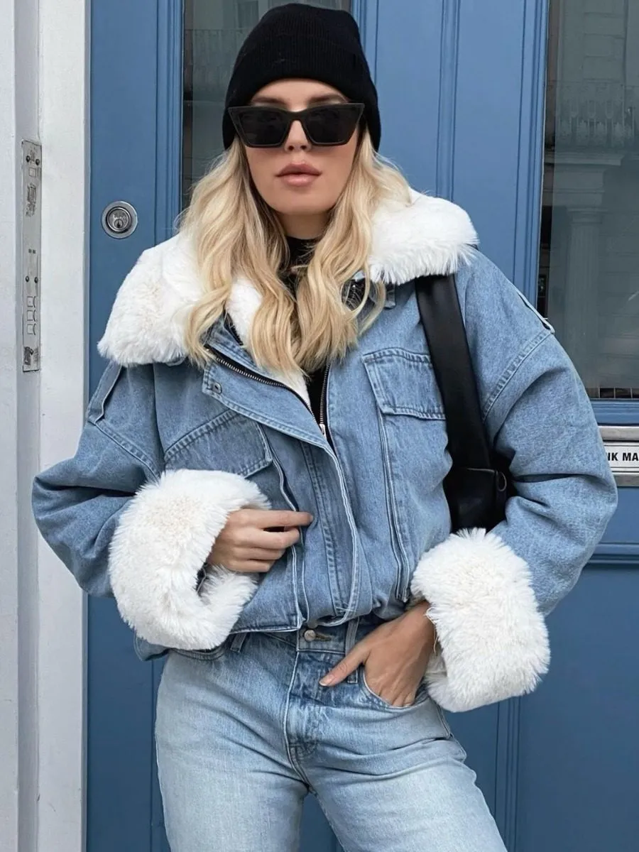 Nella Oversized Faux Fur Lined Denim Jacket In Blue