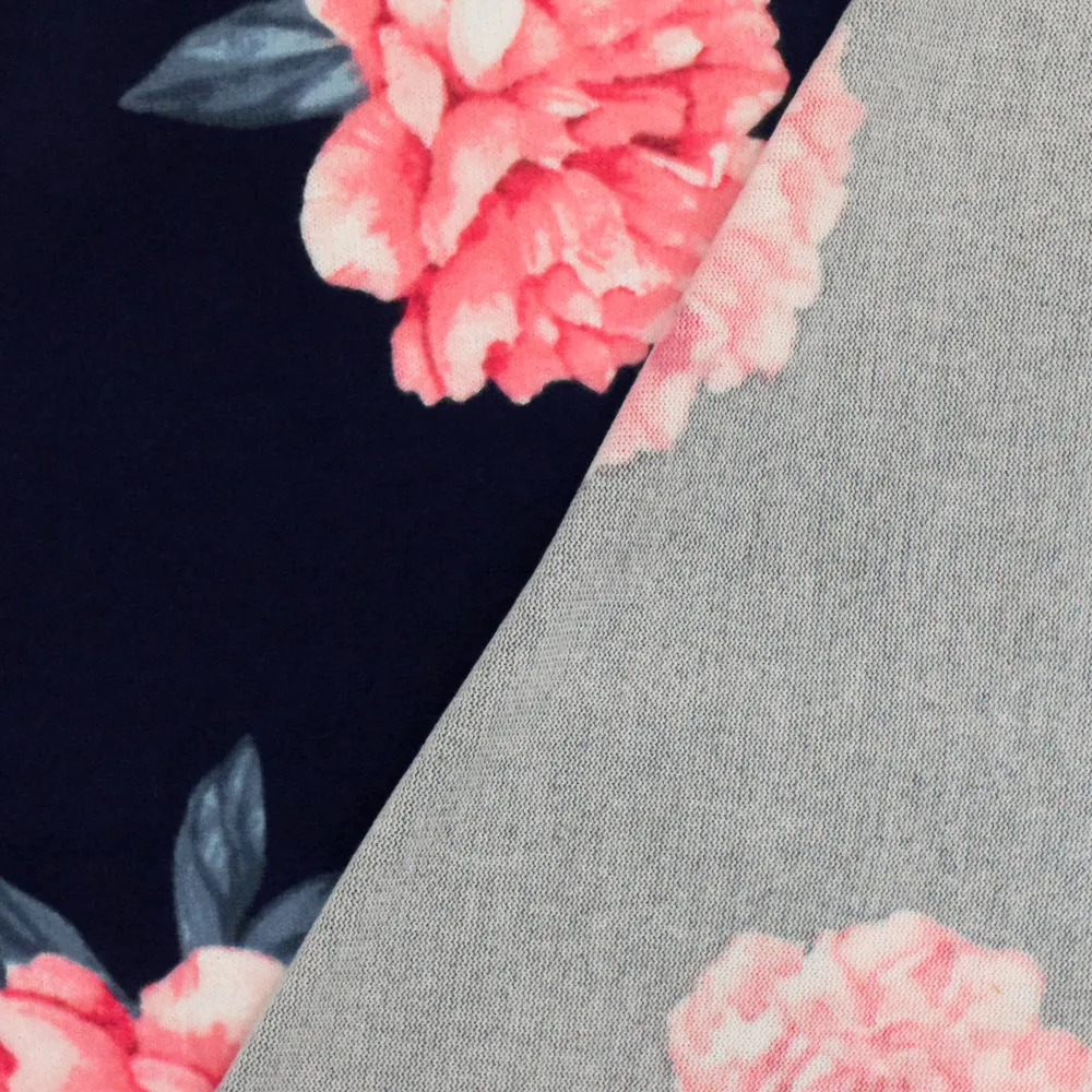 Night Navy-Pink-Multi Floral Printed Stretch Polyester Jersey Knit Fabric