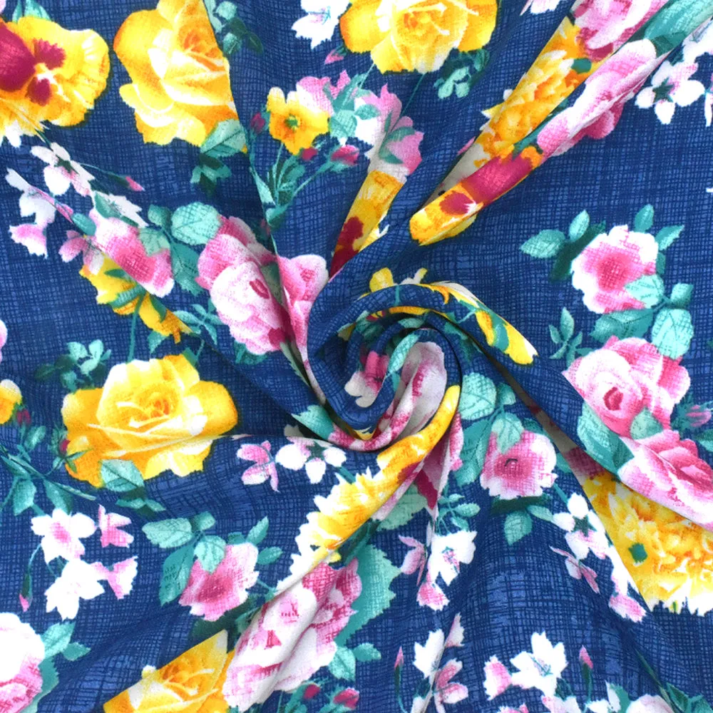 Nile Blue-Yellow-Multi Floral Printed Polyester Georgette Woven Fabric