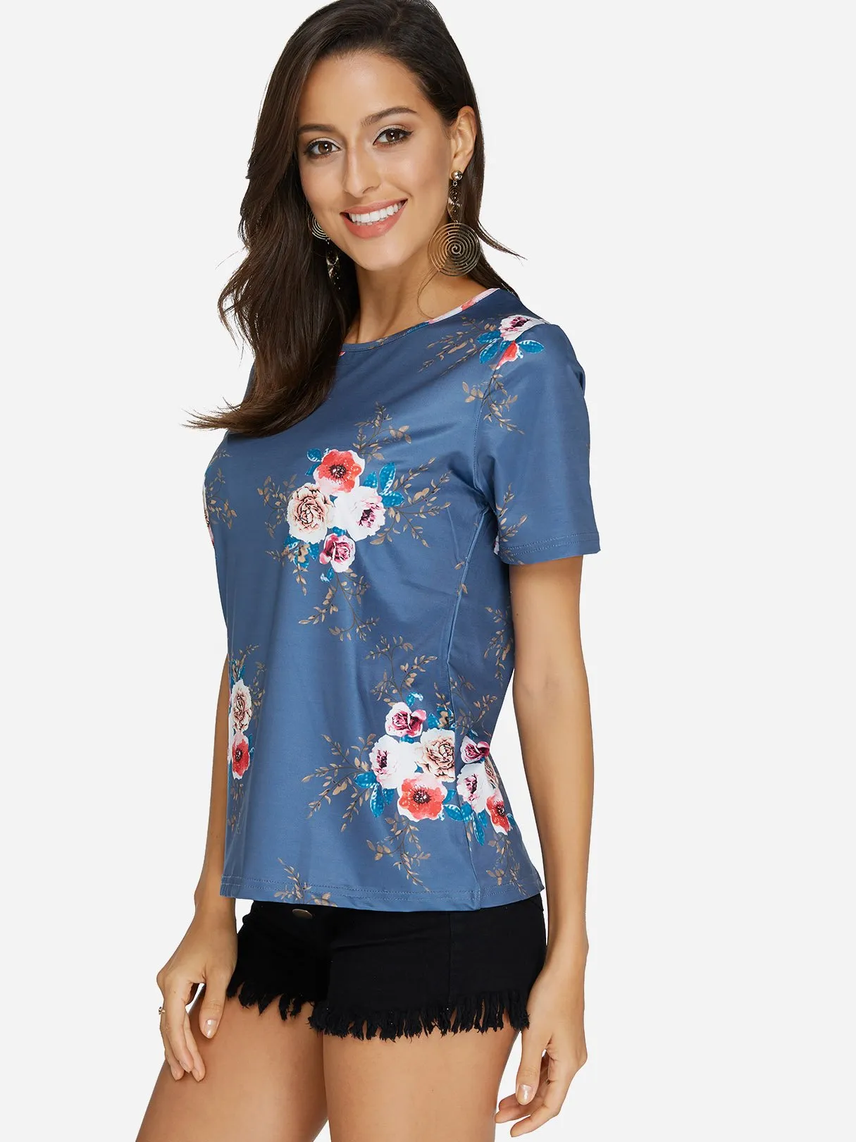 OEM ODM Crew Neck Floral Print Short Sleeve Blue Blouses