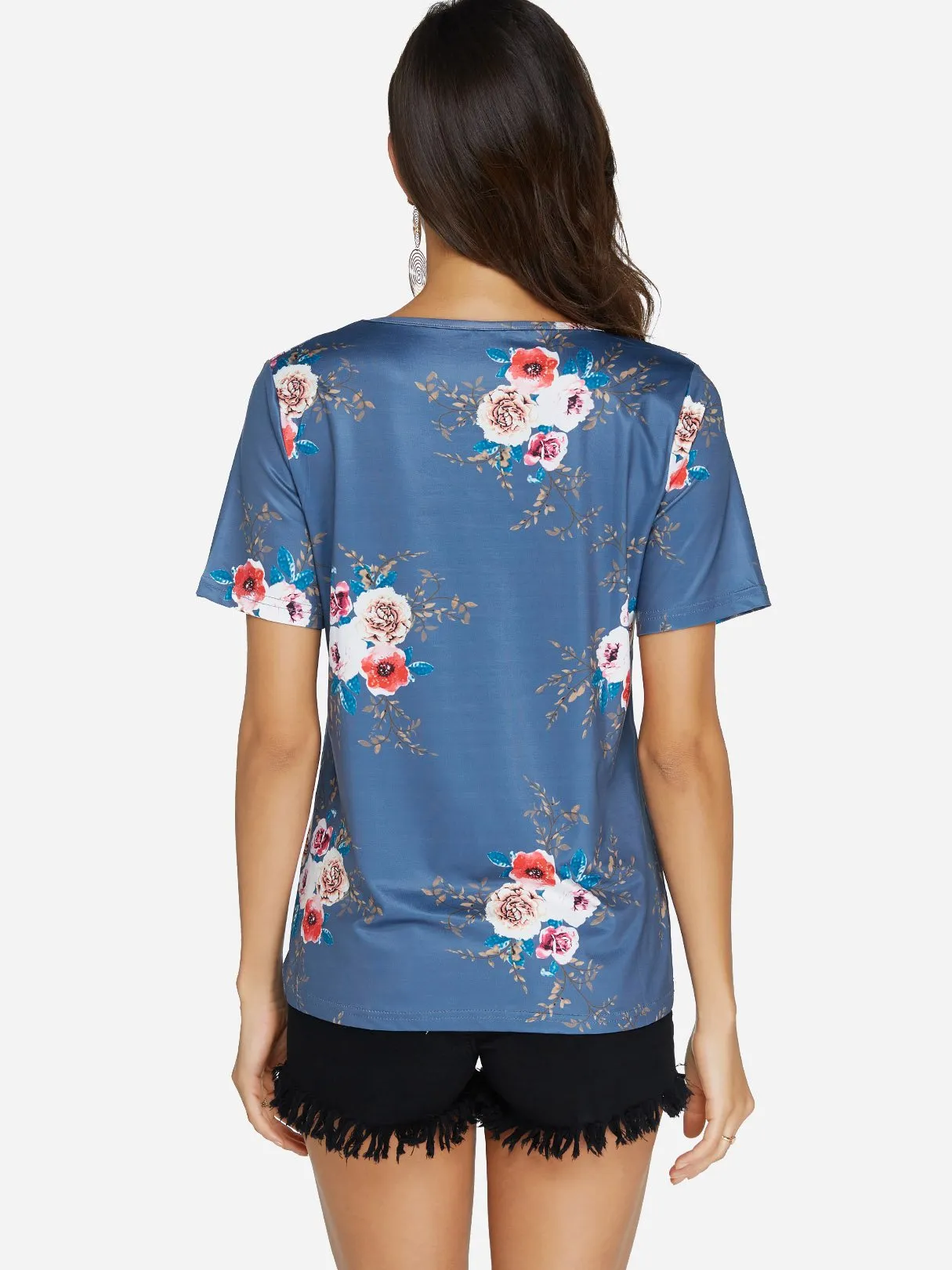 OEM ODM Crew Neck Floral Print Short Sleeve Blue Blouses