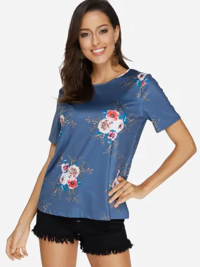 OEM ODM Crew Neck Floral Print Short Sleeve Blue Blouses