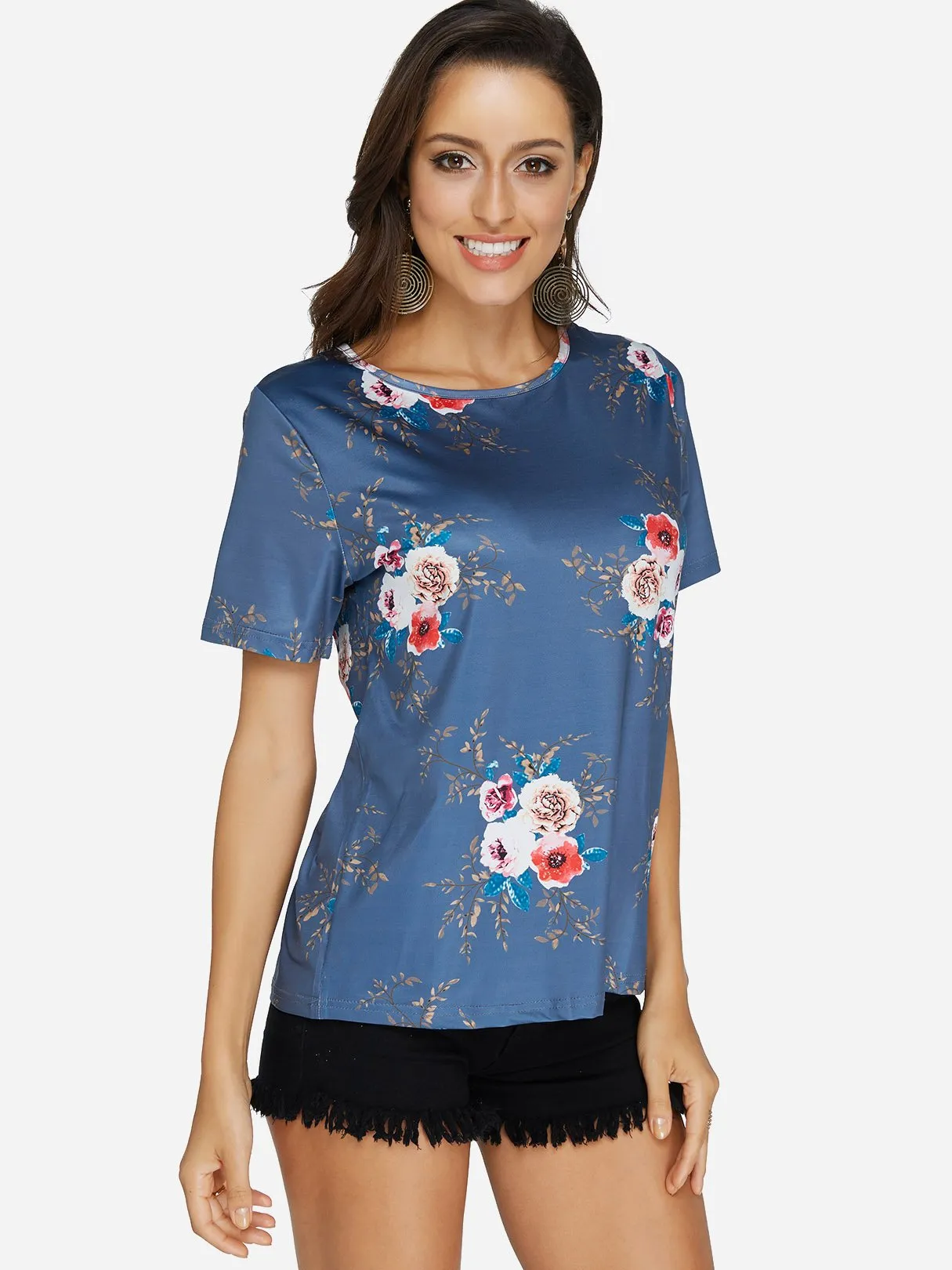 OEM ODM Crew Neck Floral Print Short Sleeve Blue Blouses