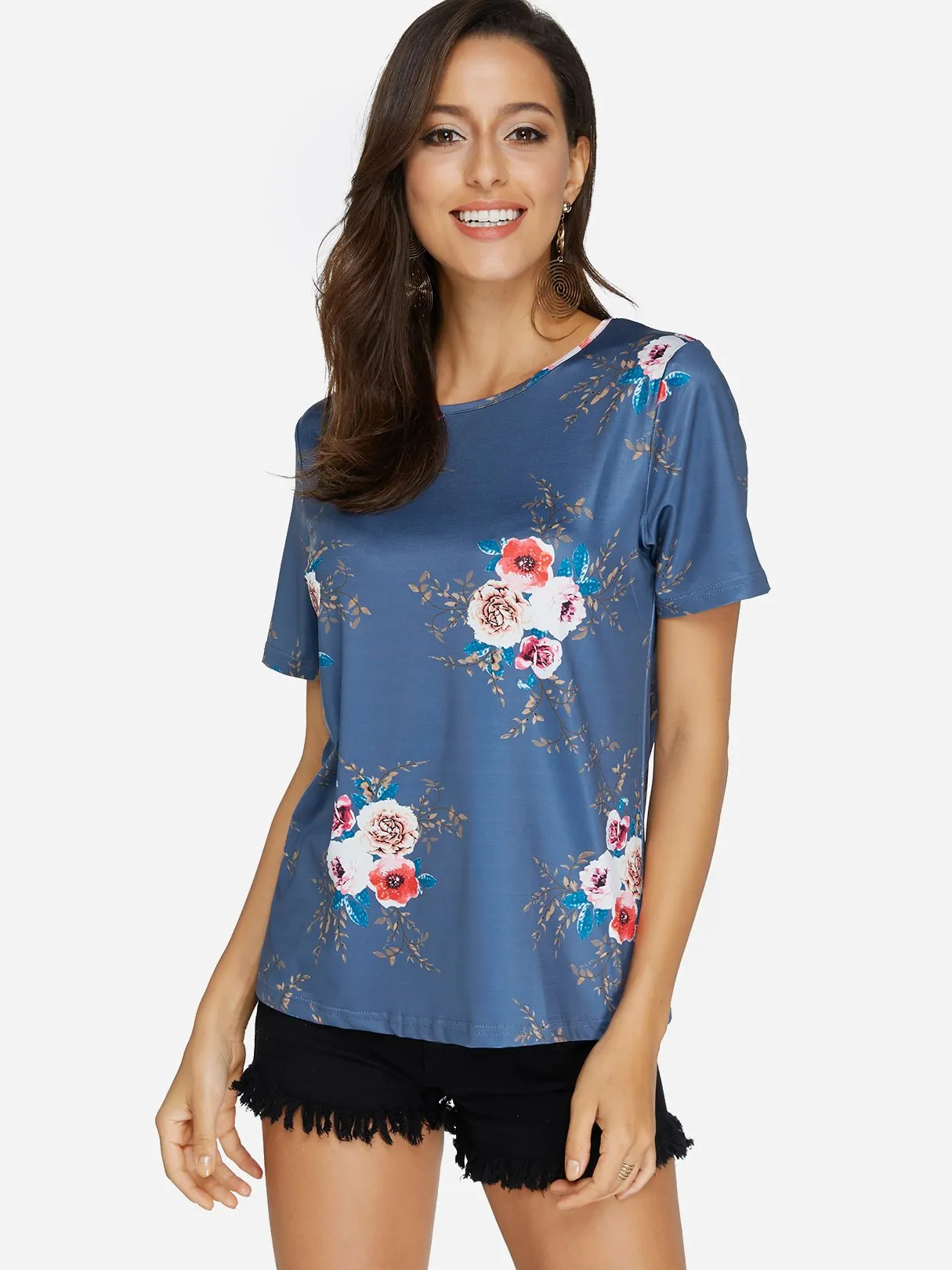 OEM ODM Crew Neck Floral Print Short Sleeve Blue Blouses