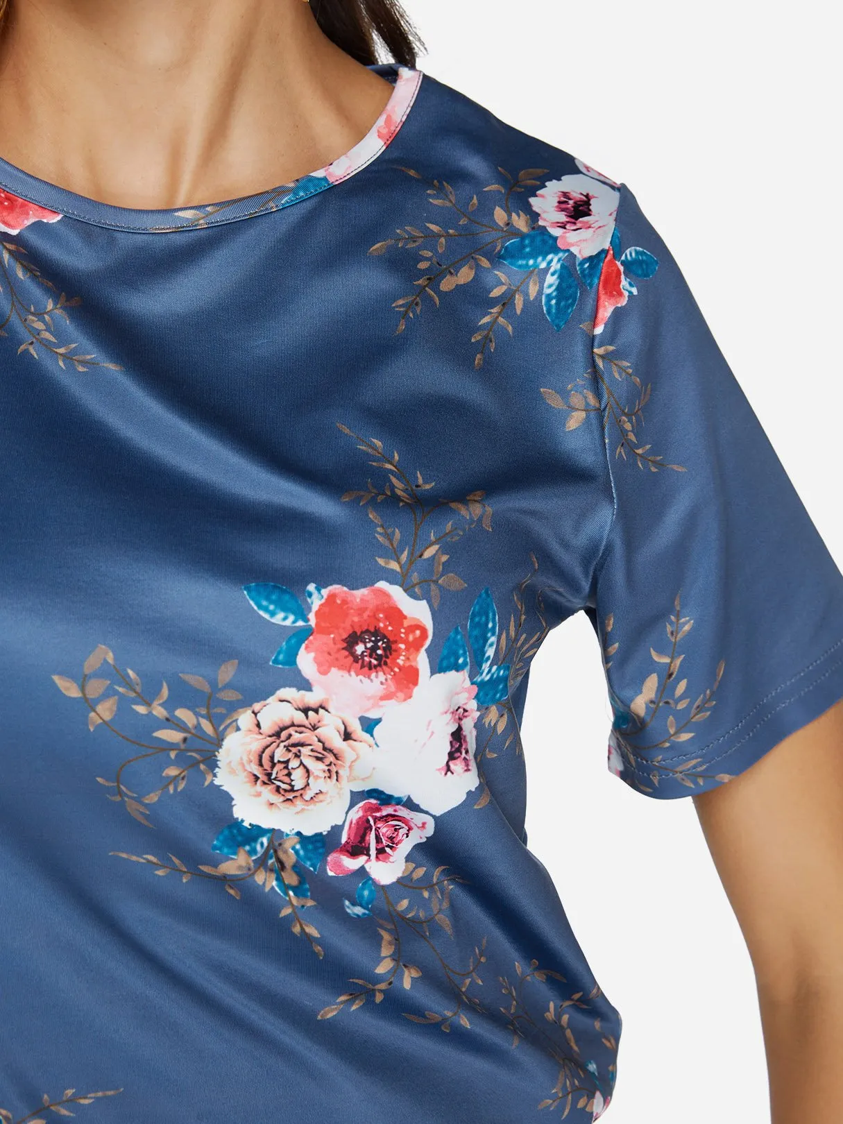 OEM ODM Crew Neck Floral Print Short Sleeve Blue Blouses