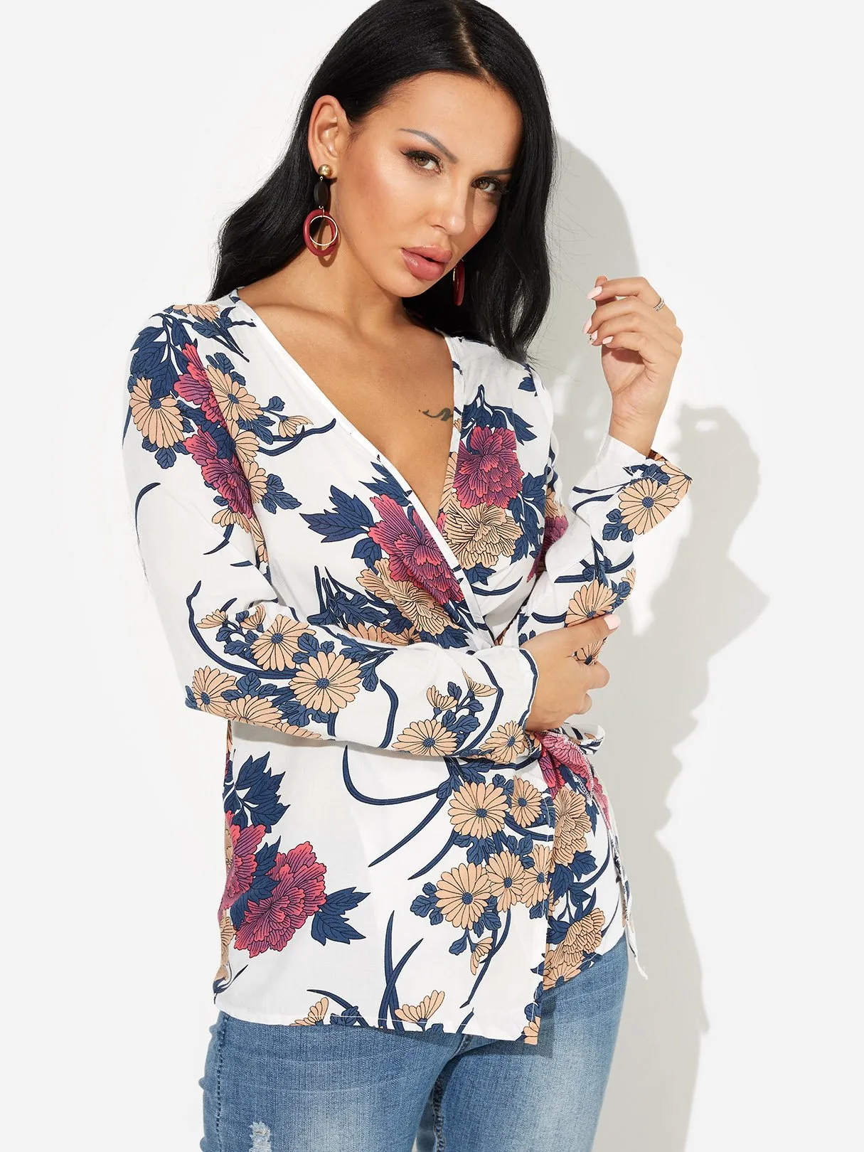 OEM ODM V-Neck Floral Print Crossed Front Long Sleeve White Blouses