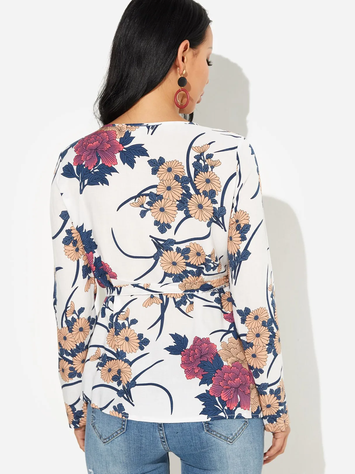 OEM ODM V-Neck Floral Print Crossed Front Long Sleeve White Blouses