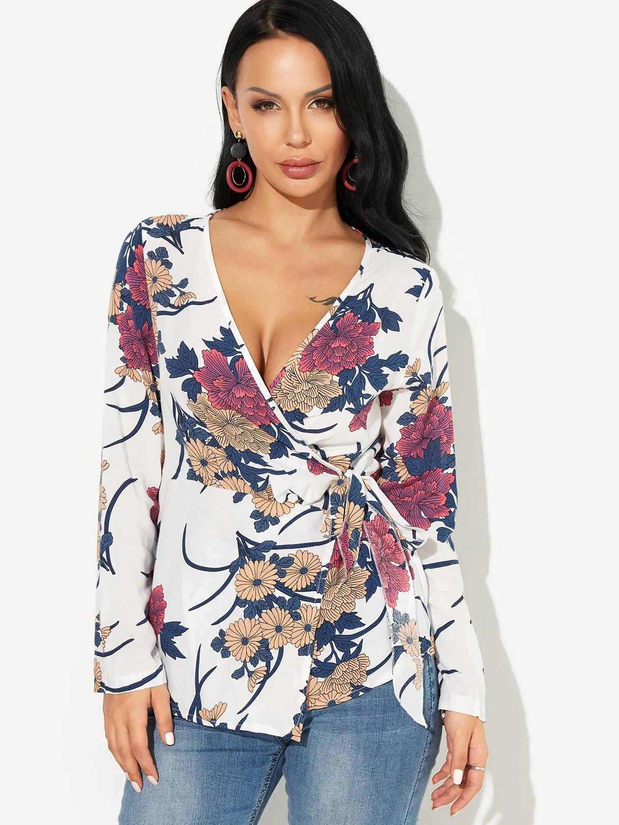 OEM ODM V-Neck Floral Print Crossed Front Long Sleeve White Blouses