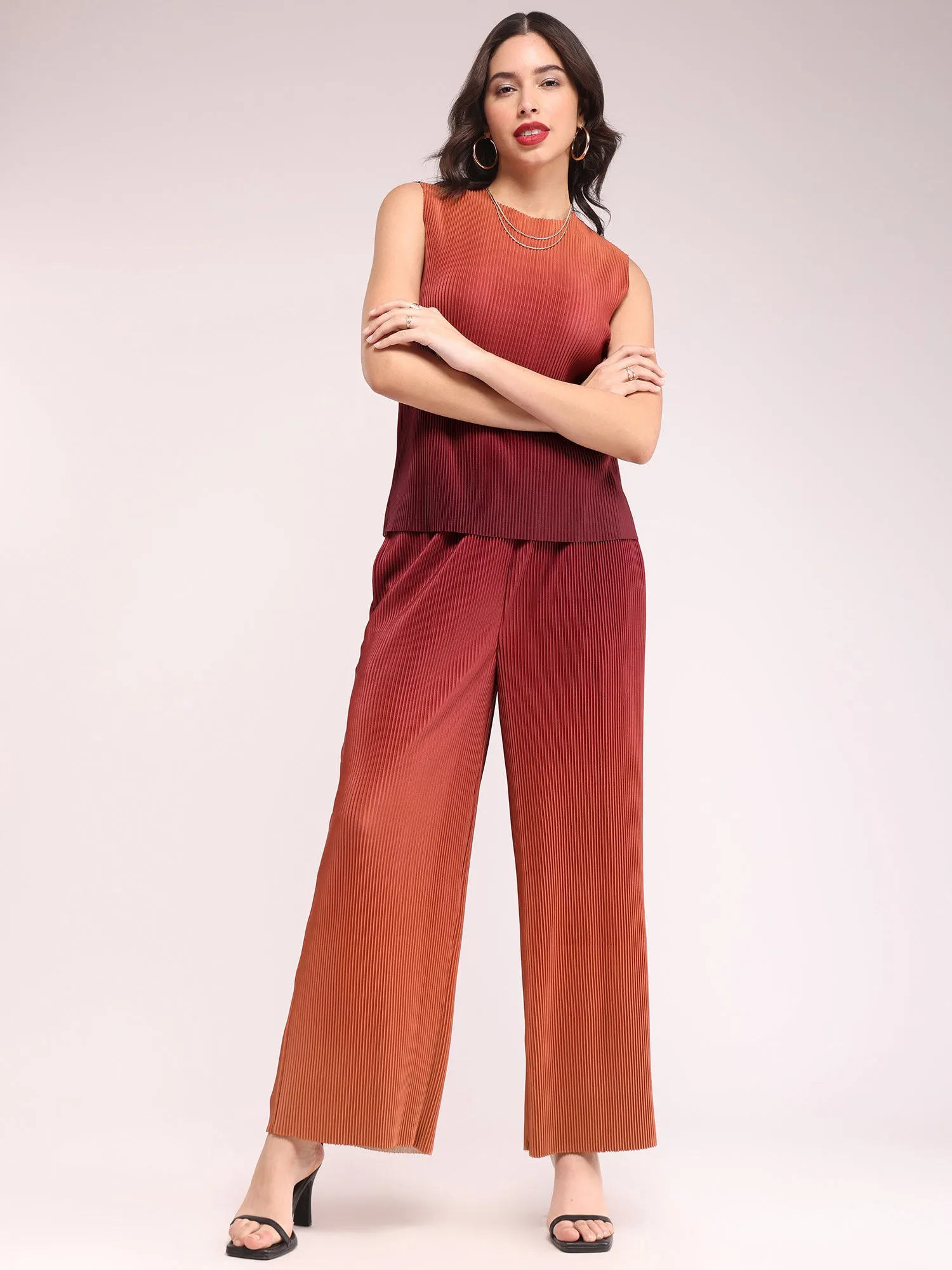 Ombre Pleated Top And Trousers Co-ord Set - Brown