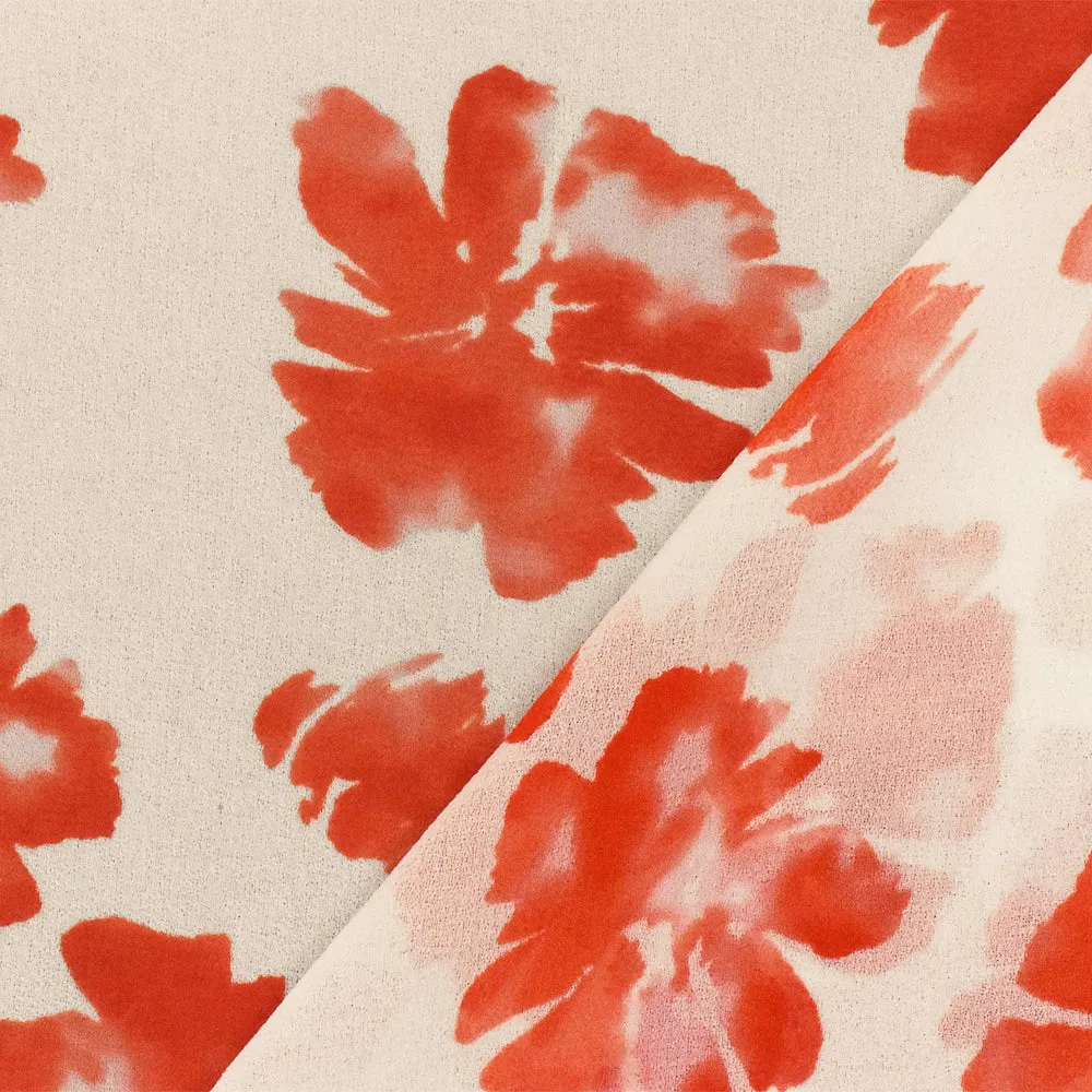 Orange-Light Ivory Watercolor Floral Printed Poly Chiffon Woven Fabric