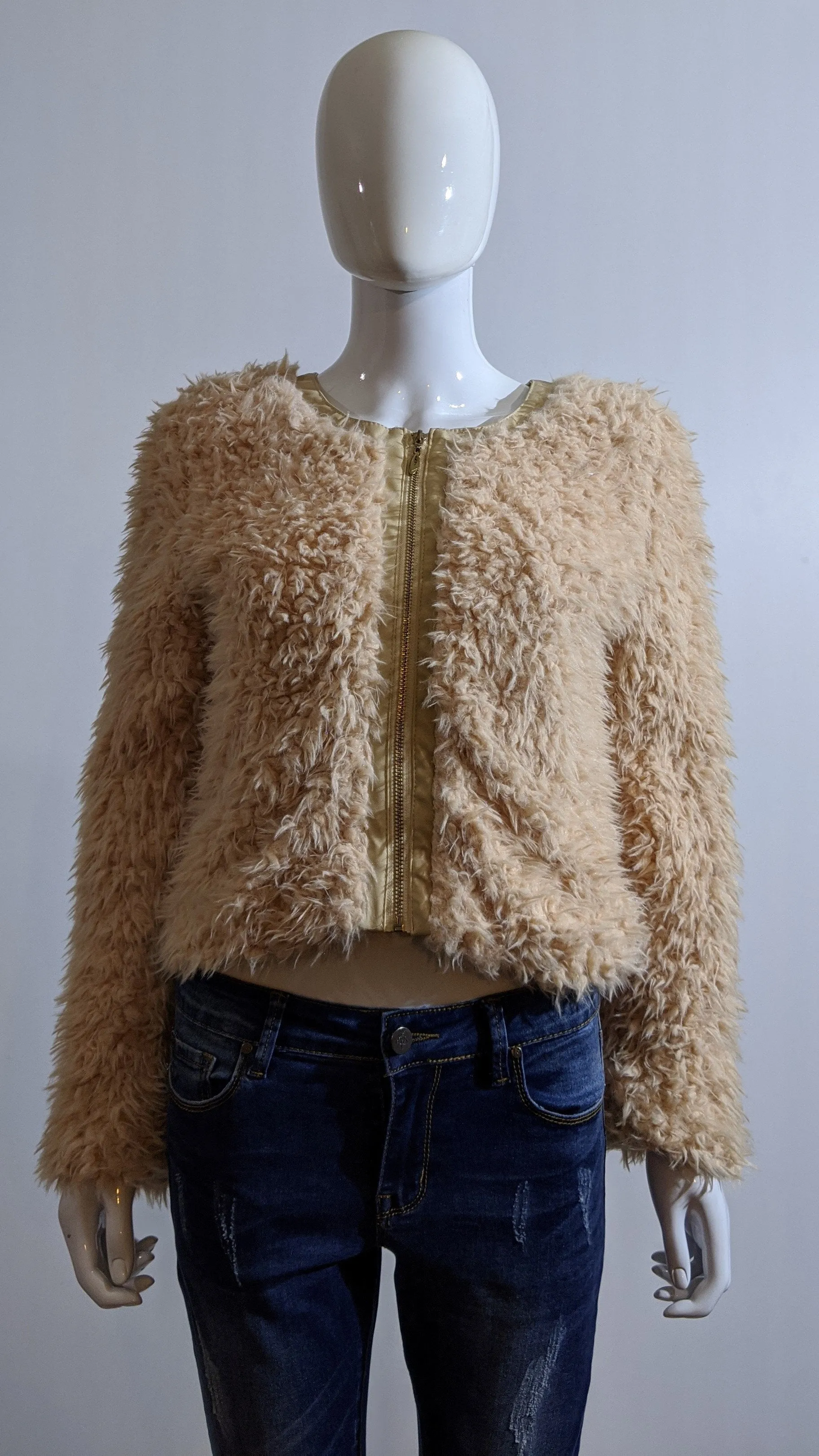 Peach Faux Fur Fluffy Zip Up Cropped Coat