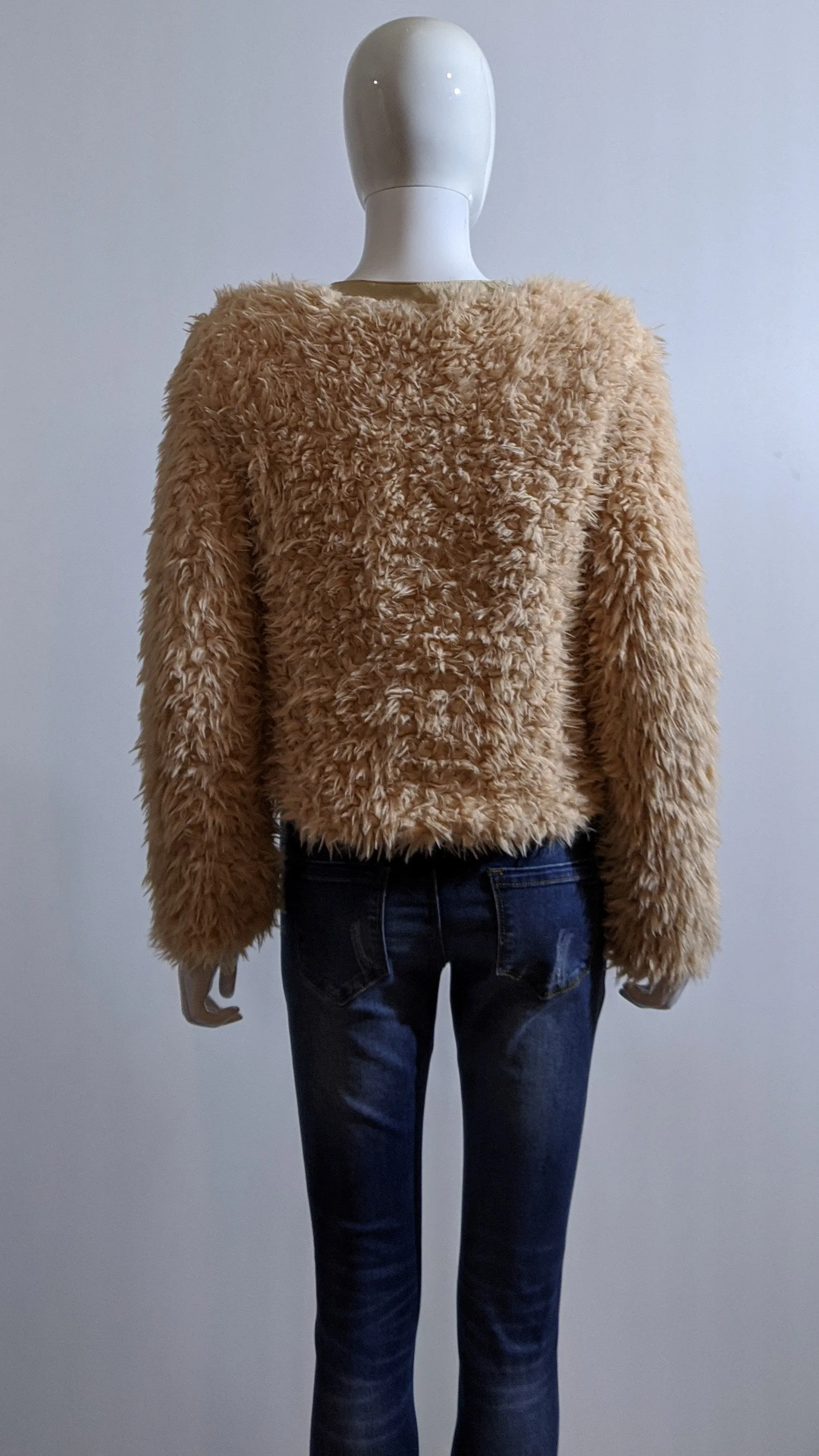 Peach Faux Fur Fluffy Zip Up Cropped Coat