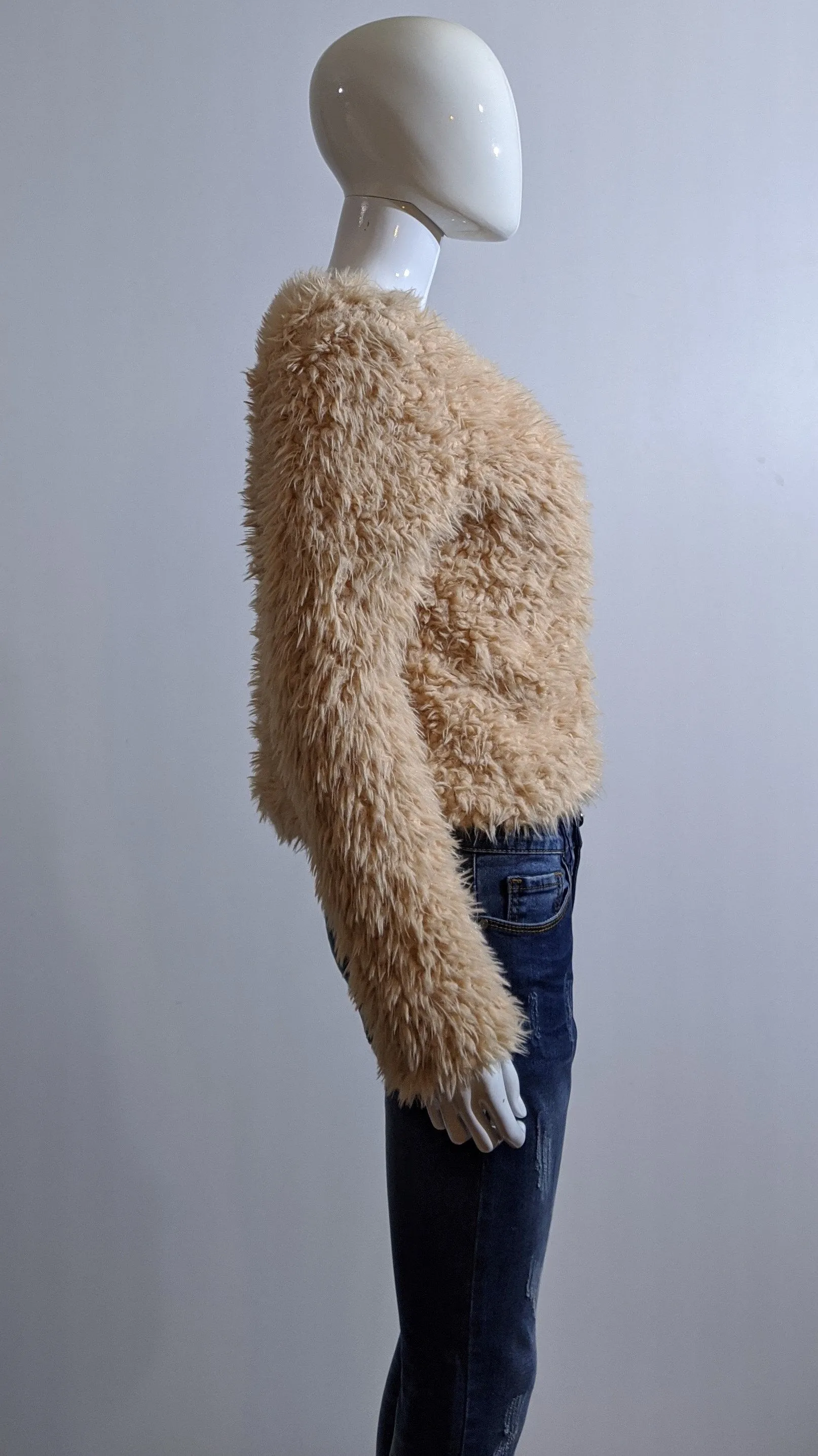 Peach Faux Fur Fluffy Zip Up Cropped Coat