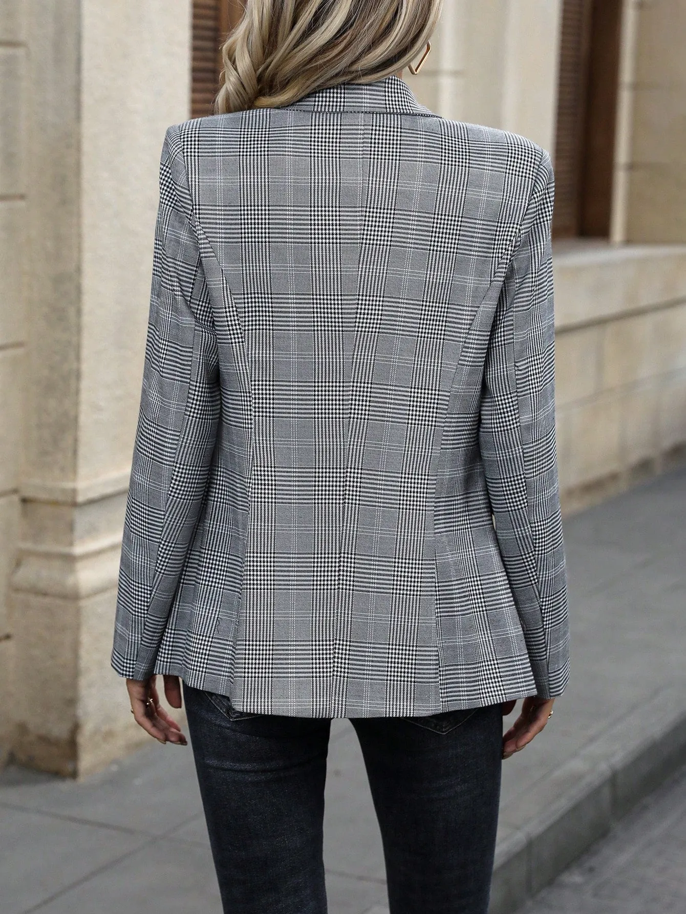 Plaid Double Breasted Lapel Collar Blazer