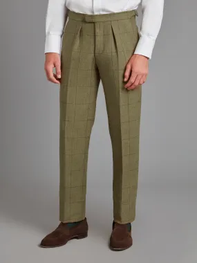 Pleated Pants - Moss Windowpane Tweed