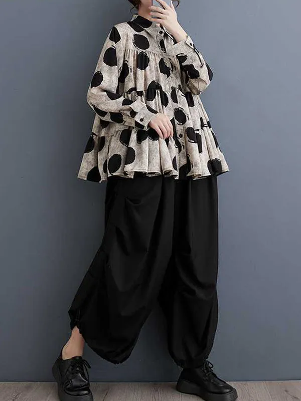 Pleated Polka-Dot Split-Joint Long Sleeves Loose Lapel Blouses