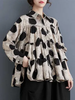 Pleated Polka-Dot Split-Joint Long Sleeves Loose Lapel Blouses