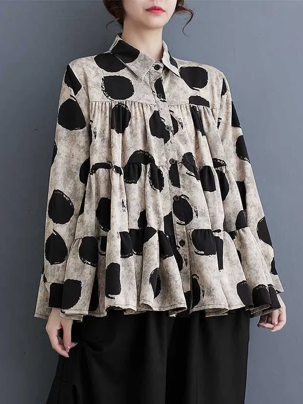 Pleated Polka-Dot Split-Joint Long Sleeves Loose Lapel Blouses