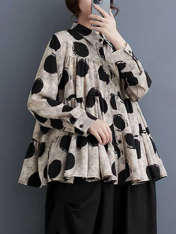 Pleated Polka-Dot Split-Joint Long Sleeves Loose Lapel Blouses