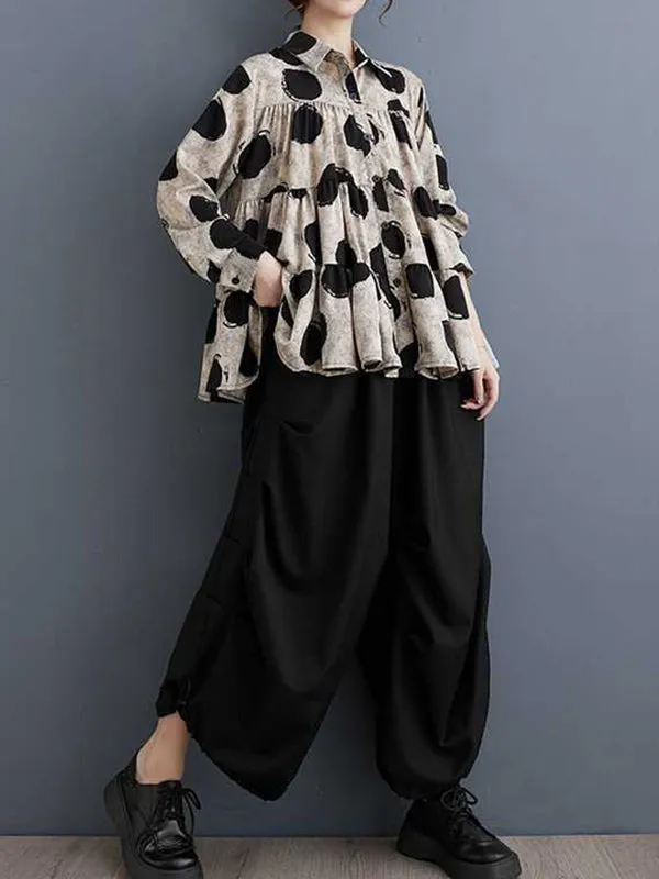 Pleated Polka-Dot Split-Joint Long Sleeves Loose Lapel Blouses