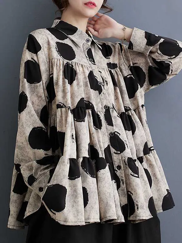 Pleated Polka-Dot Split-Joint Long Sleeves Loose Lapel Blouses